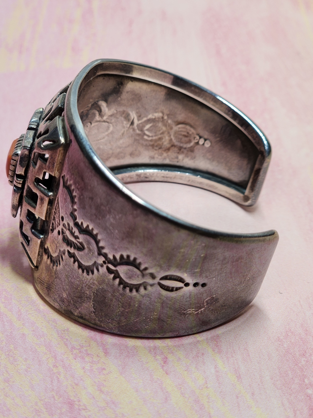 Lee Nieto Sterling and Coral Native American Cuff Bracelet - Picture 5 of 6